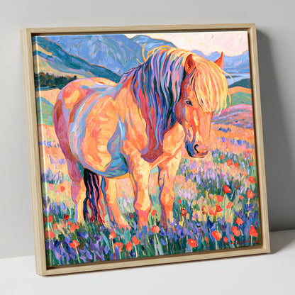 Colourful Horse in Wildflower Meadow horse breed canvas wall art in natural frame