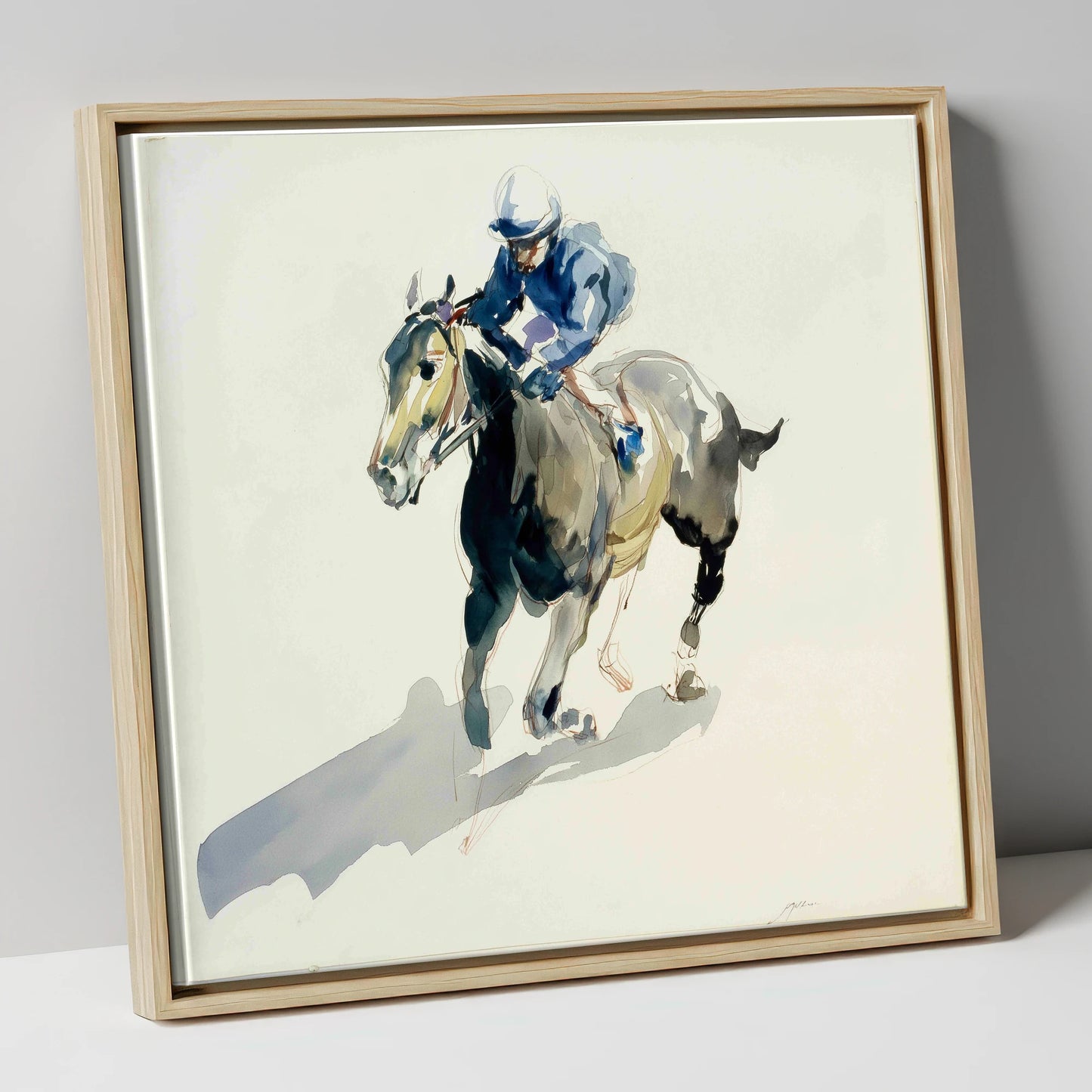 Mid-Stride in Indigo racing horse canvas wall art in natural frame