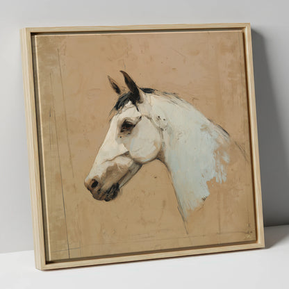 Elegance in Grey horse portrait canvas wall art in natural frame