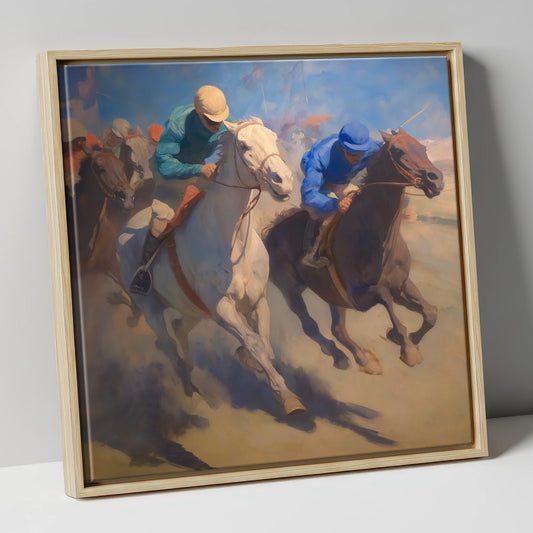 The Final Furlong racing horse canvas wall art in natural frame