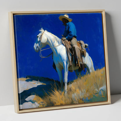 Cobalt Sky Rider western horse canvas wall art in natural frame