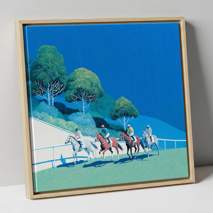 The Cerulean Sprint racing horse canvas wall art in natural frame
