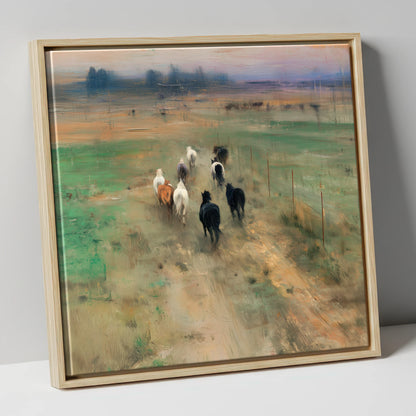 Heading for the Horizon wild horses canvas wall art in natural frame