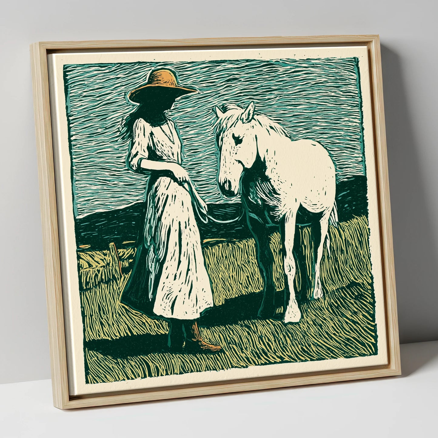 Windswept Companions horse & rider canvas wall art in natural frame