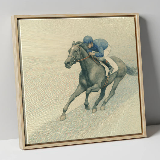 The Slate Grey Gallop racing horse canvas wall art in natural frame
