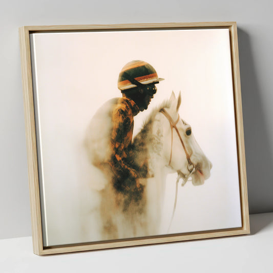 Echoes of the Track racing horse canvas wall art in natural frame