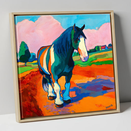 Vibrant Coloured Cob horse breed canvas wall art in natural frame