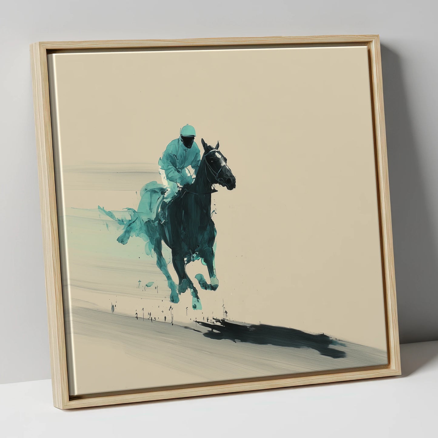 Velocity in Teal racing horse canvas wall art in natural frame