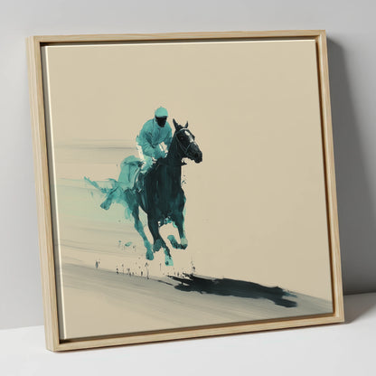 Velocity in Teal racing horse canvas wall art in natural frame