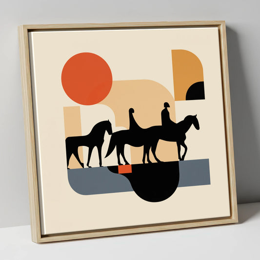 Retro Equine Trail horse landscape canvas wall art in natural frame