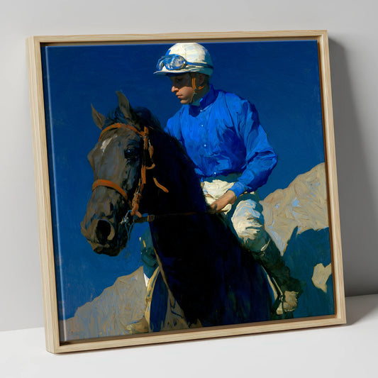 Focus Under Cobalt Skies racing horse canvas wall art in natural frame
