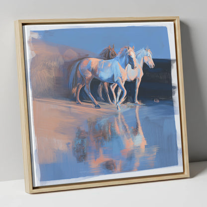 Wild Reflections at Dawn wild horses canvas wall art in natural frame