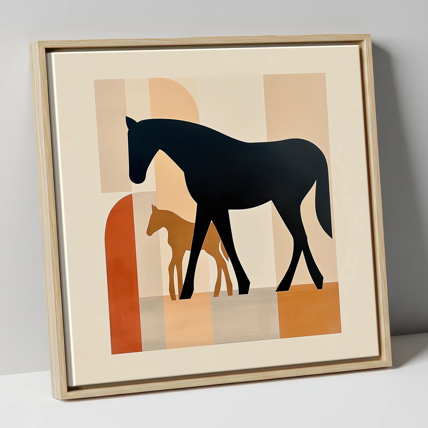 Mid-Century Maternal Bond mare & foal canvas wall art in natural frame