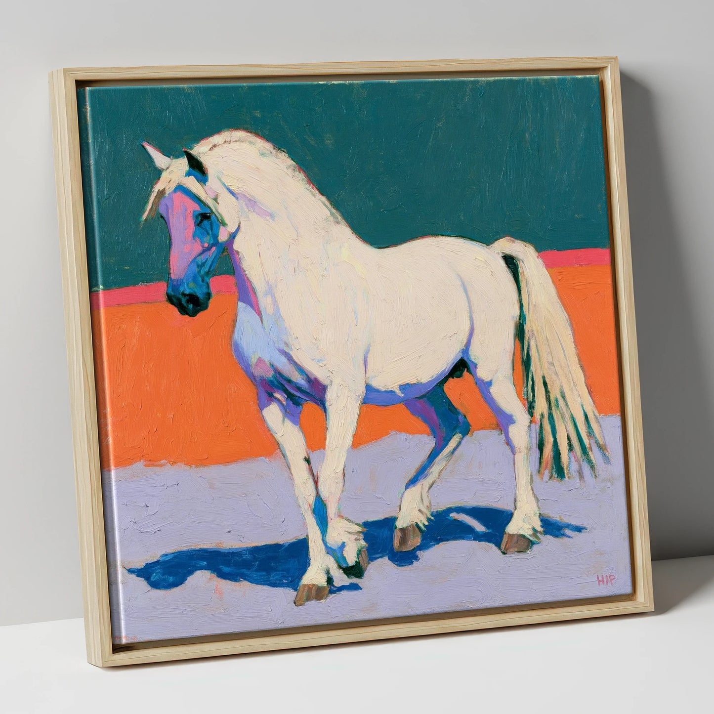 White Horse in Vivid Colours horse breed canvas wall art in natural frame