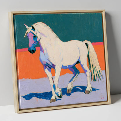 White Horse in Vivid Colours horse breed canvas wall art in natural frame
