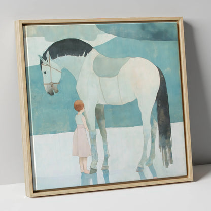 Quiet Trust horse & rider canvas wall art in natural frame