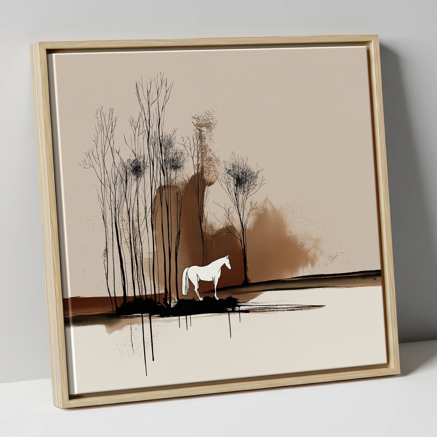 Sepia Woodland Solitude horse landscape canvas wall art in natural frame