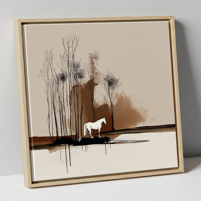 Sepia Woodland Solitude horse landscape canvas wall art in natural frame