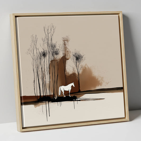 Sepia Woodland Solitude horse landscape canvas wall art in natural frame
