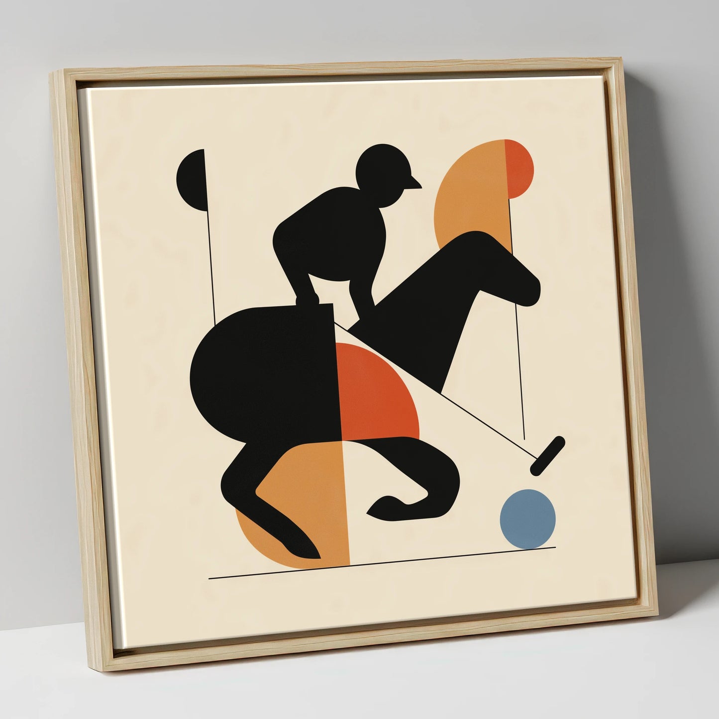 Mid-Century Polo Strike polo horse canvas wall art in natural frame