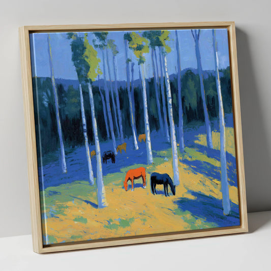 Golden Light in the Azure Grove horse landscape canvas wall art in natural frame