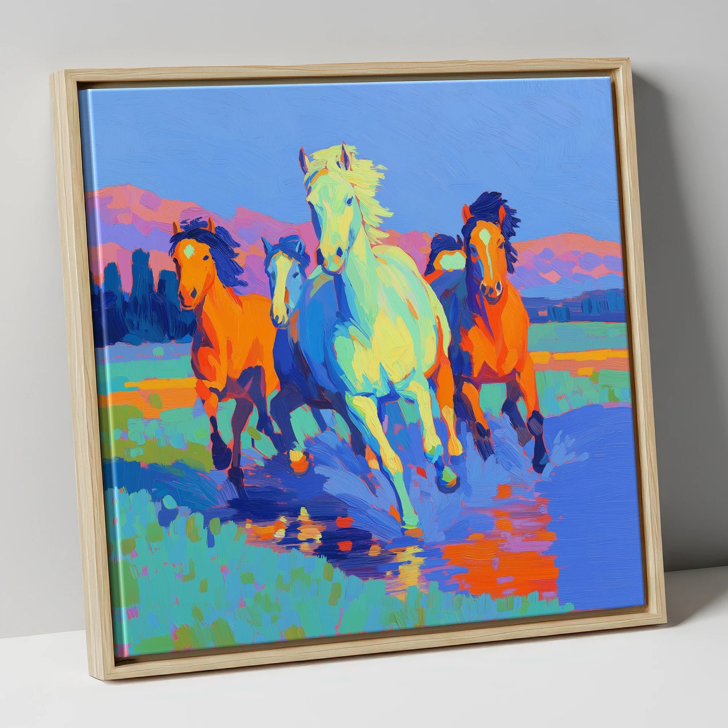 The Vivid Gallop wild horses canvas wall art in natural frame