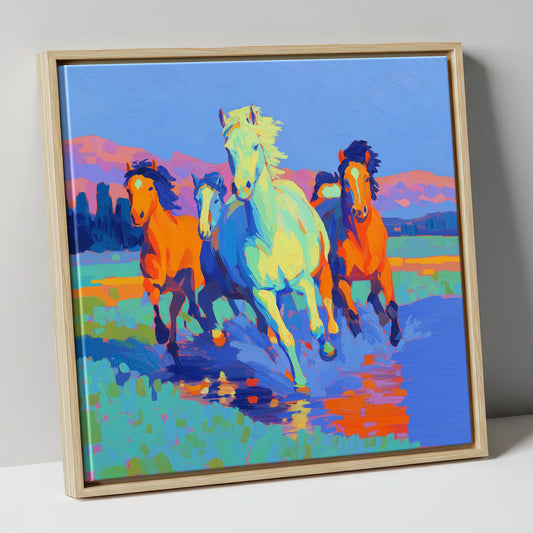 The Vivid Gallop wild horses canvas wall art in natural frame