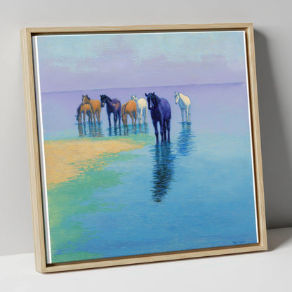 Lavender Shallows wild horses canvas wall art in natural frame