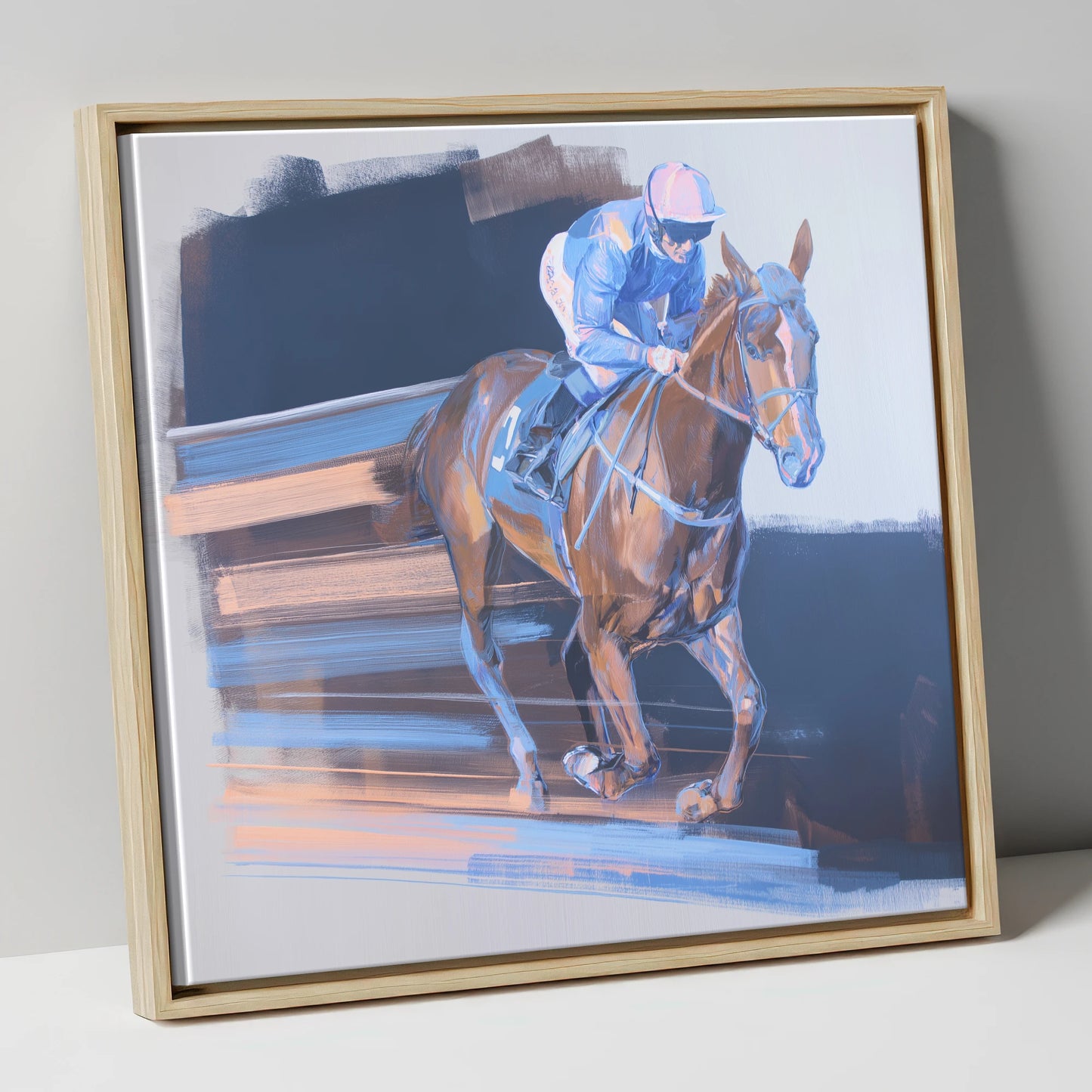 Velocity in Blue racing horse canvas wall art in natural frame