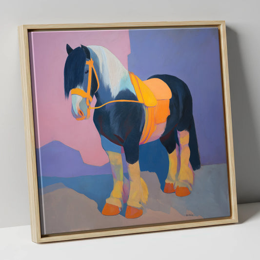 Vibrant Painted Cob horse breed canvas wall art in natural frame