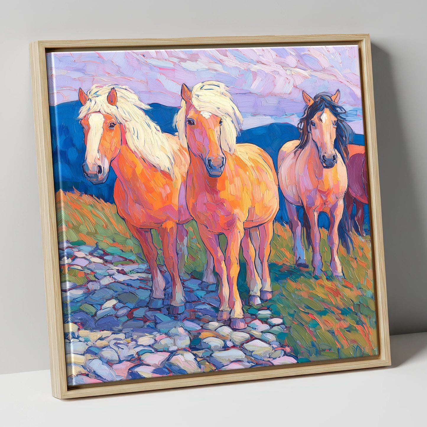 Painted Highland Herd horse landscape canvas wall art in natural frame