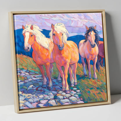 Painted Highland Herd horse landscape canvas wall art in natural frame
