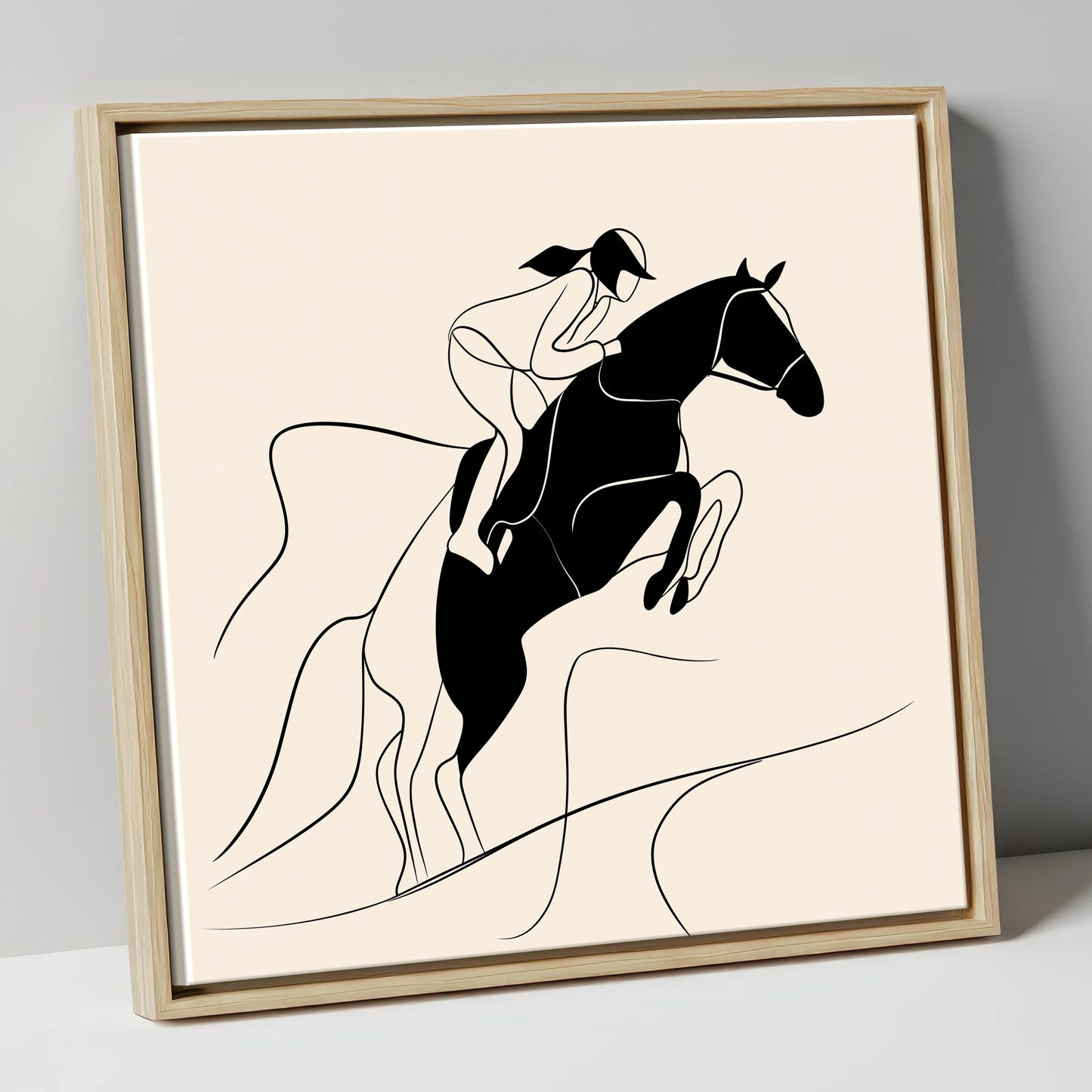 Fluid Ascent show jumping horse canvas wall art in natural frame