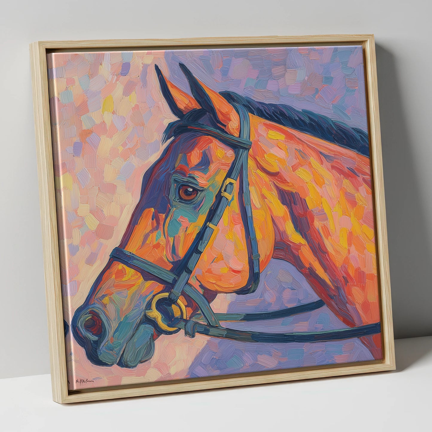 Vivid Equine Gaze racing horse canvas wall art in natural frame