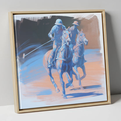 Cobalt Polo Pursuit polo horse canvas wall art in natural frame