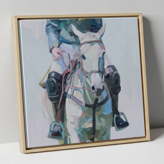 Quiet Before the Chukka polo horse canvas wall art in natural frame