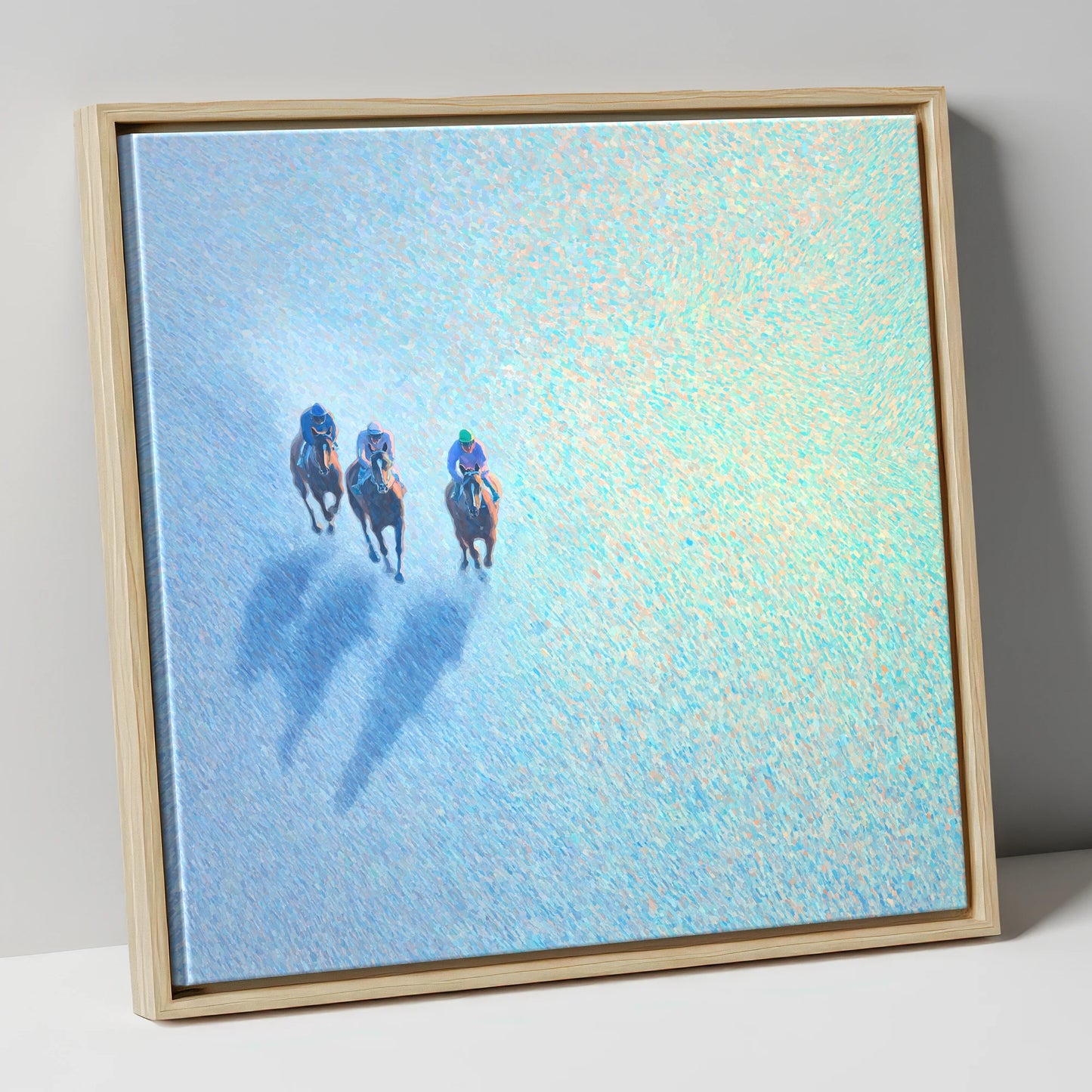 Luminous Morning Gallop racing horse canvas wall art in natural frame