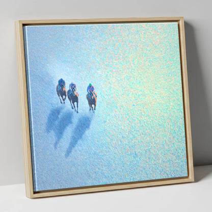 Luminous Morning Gallop racing horse canvas wall art in natural frame