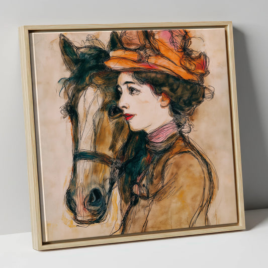 A Shared Silence horse & rider canvas wall art in natural frame