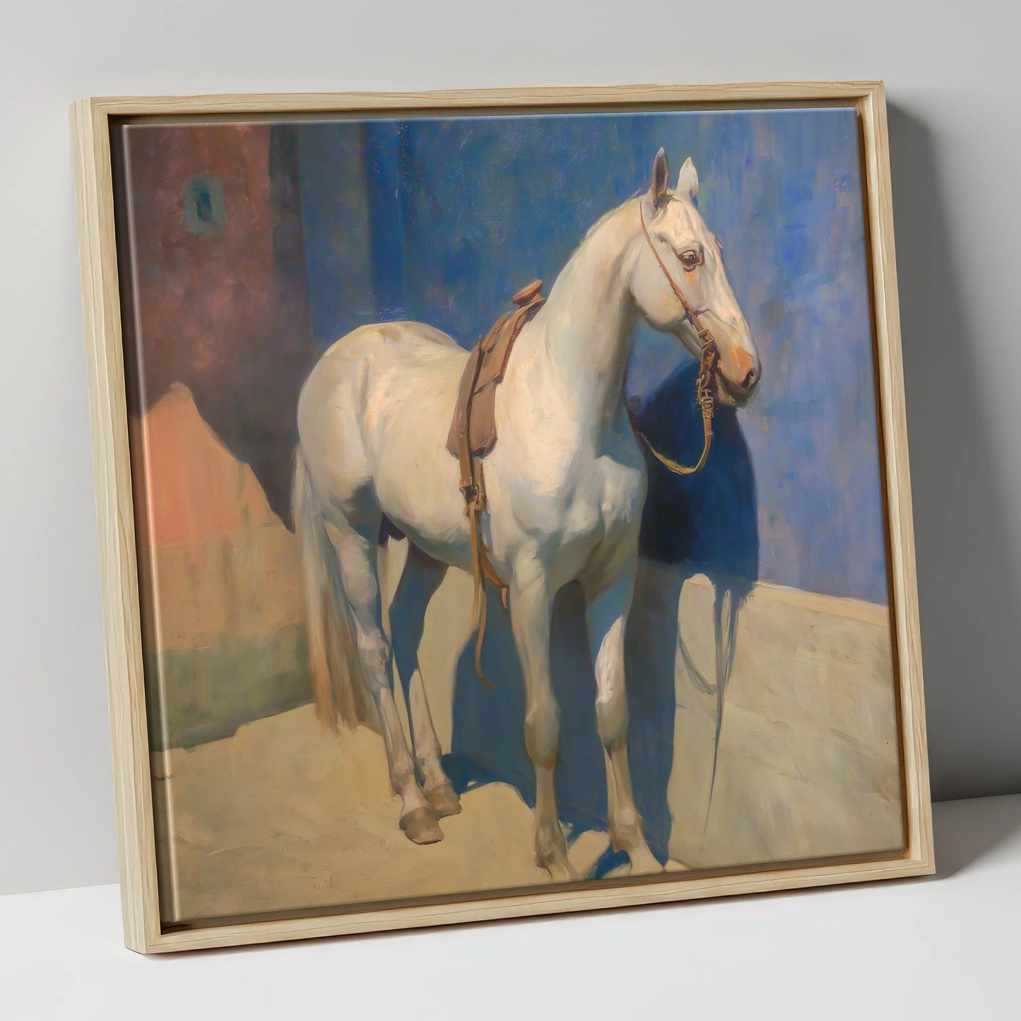 Sunlit Grey against Azure horse breed canvas wall art in natural frame