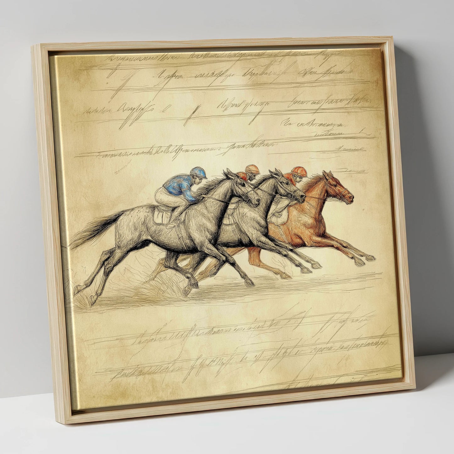 Vintage Thoroughbred Racing Study racing horse canvas wall art in natural frame
