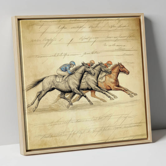 Vintage Thoroughbred Racing Study racing horse canvas wall art in natural frame
