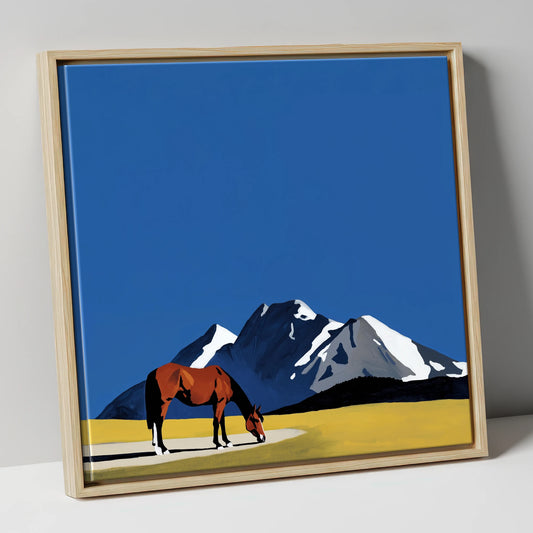 Majestic Mountain Grazing horse landscape canvas wall art in natural frame