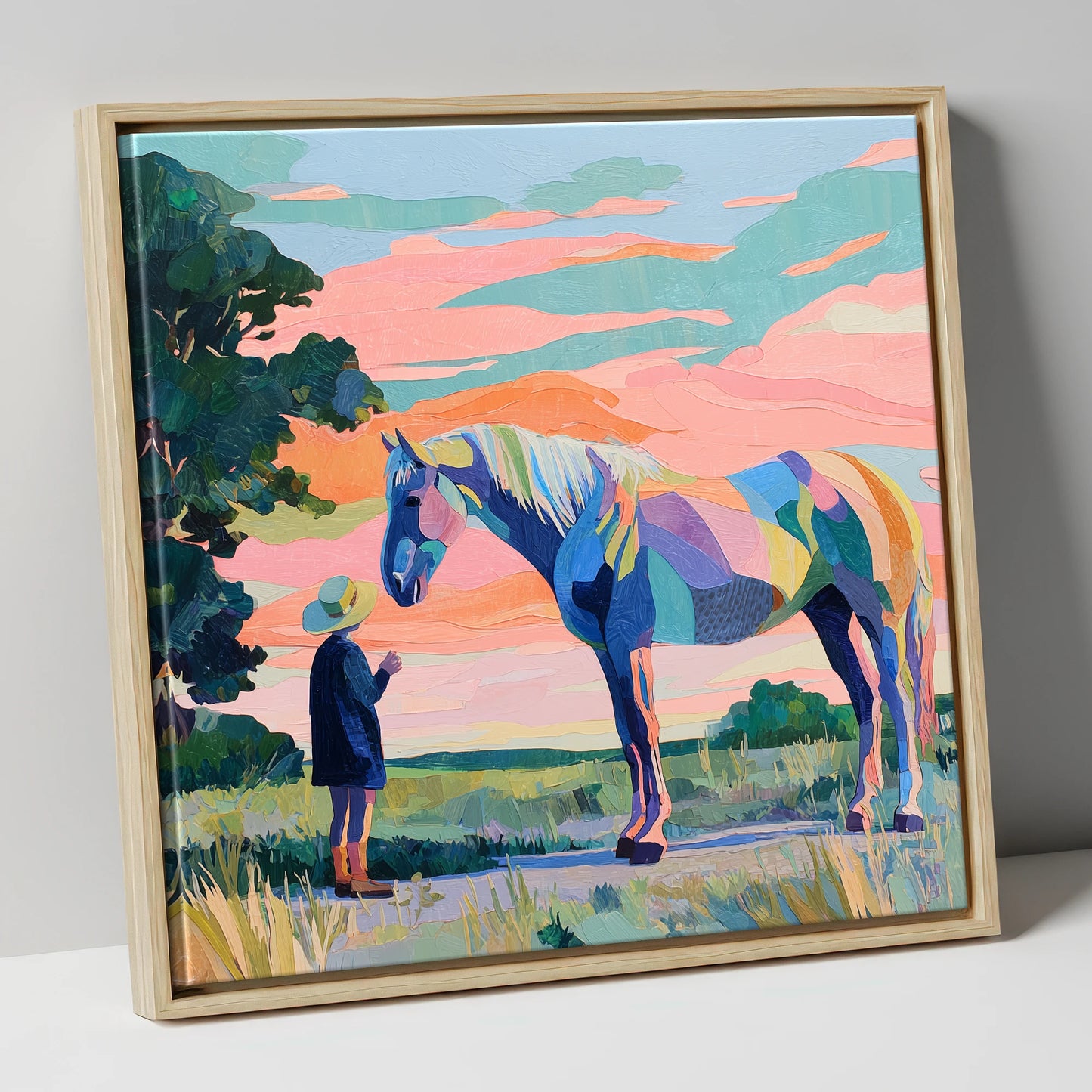 Vivid Connection horse & rider canvas wall art in natural frame