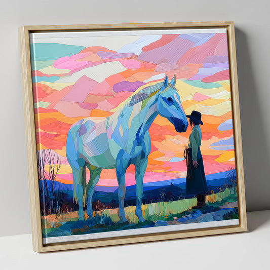 Vibrant Horizon Partnership horse & rider canvas wall art in natural frame
