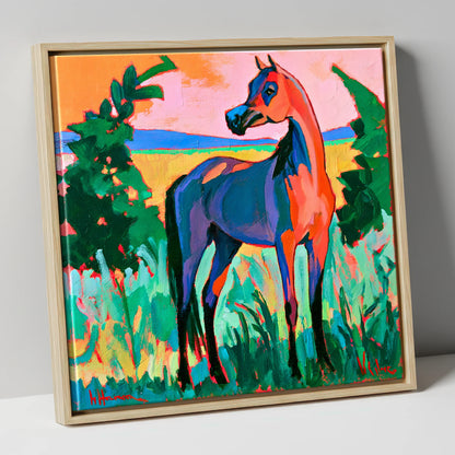 Vibrant Expressionist Arabian Horse horse breed canvas wall art in natural frame