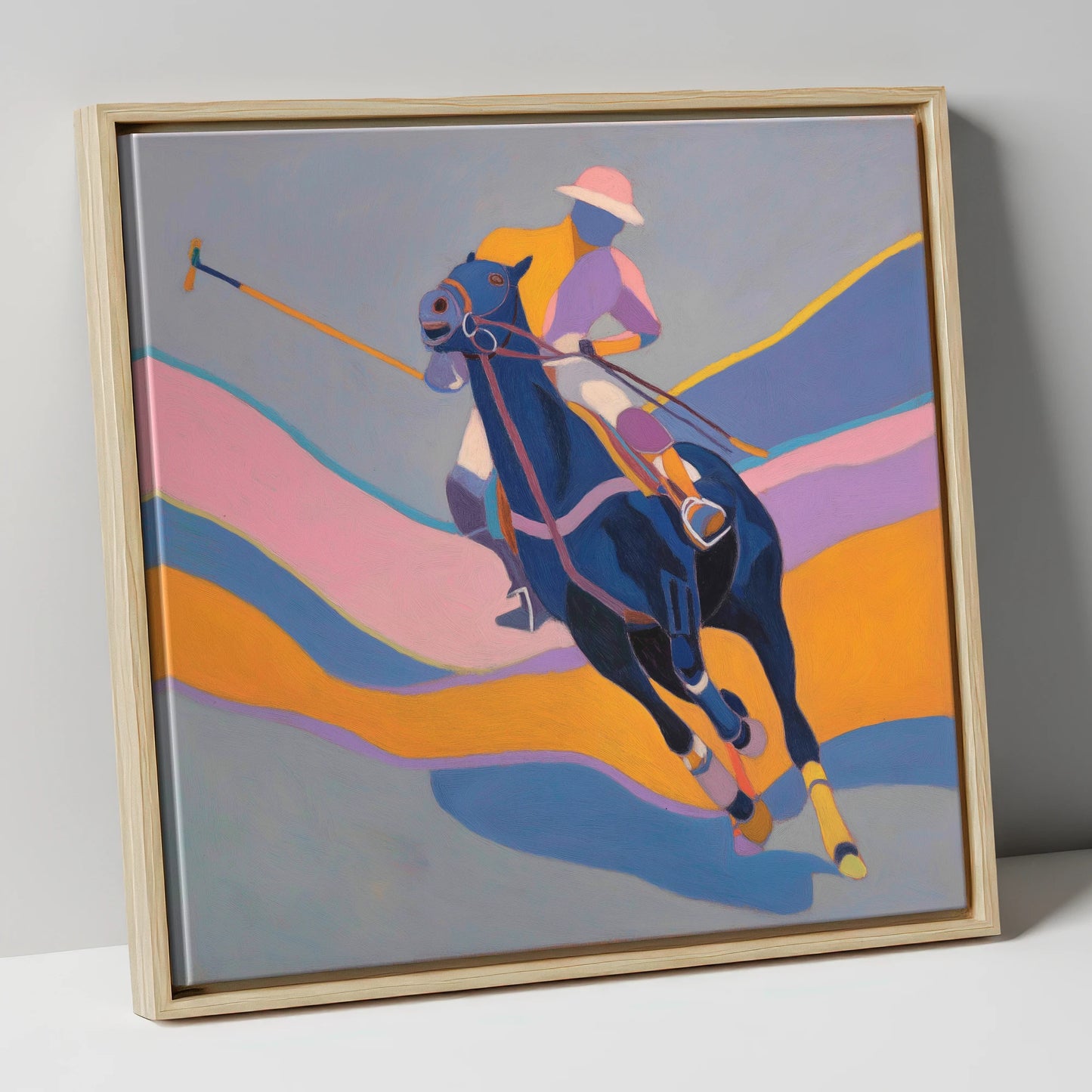 Dynamic Polo Pursuit polo horse canvas wall art in natural frame