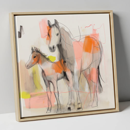 Contemporary Bond mare & foal canvas wall art in natural frame