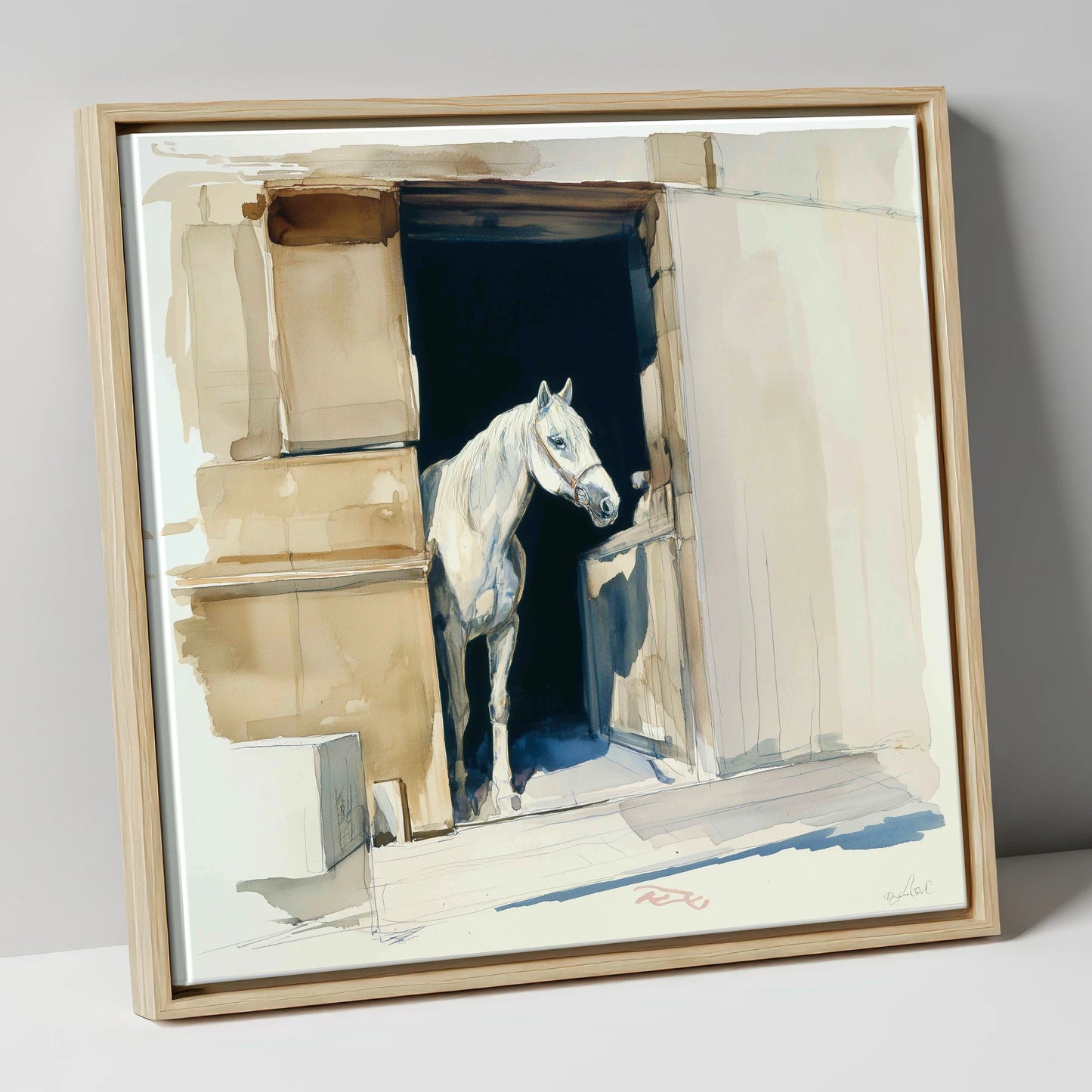 The Quiet Grey horse stable canvas wall art in natural frame