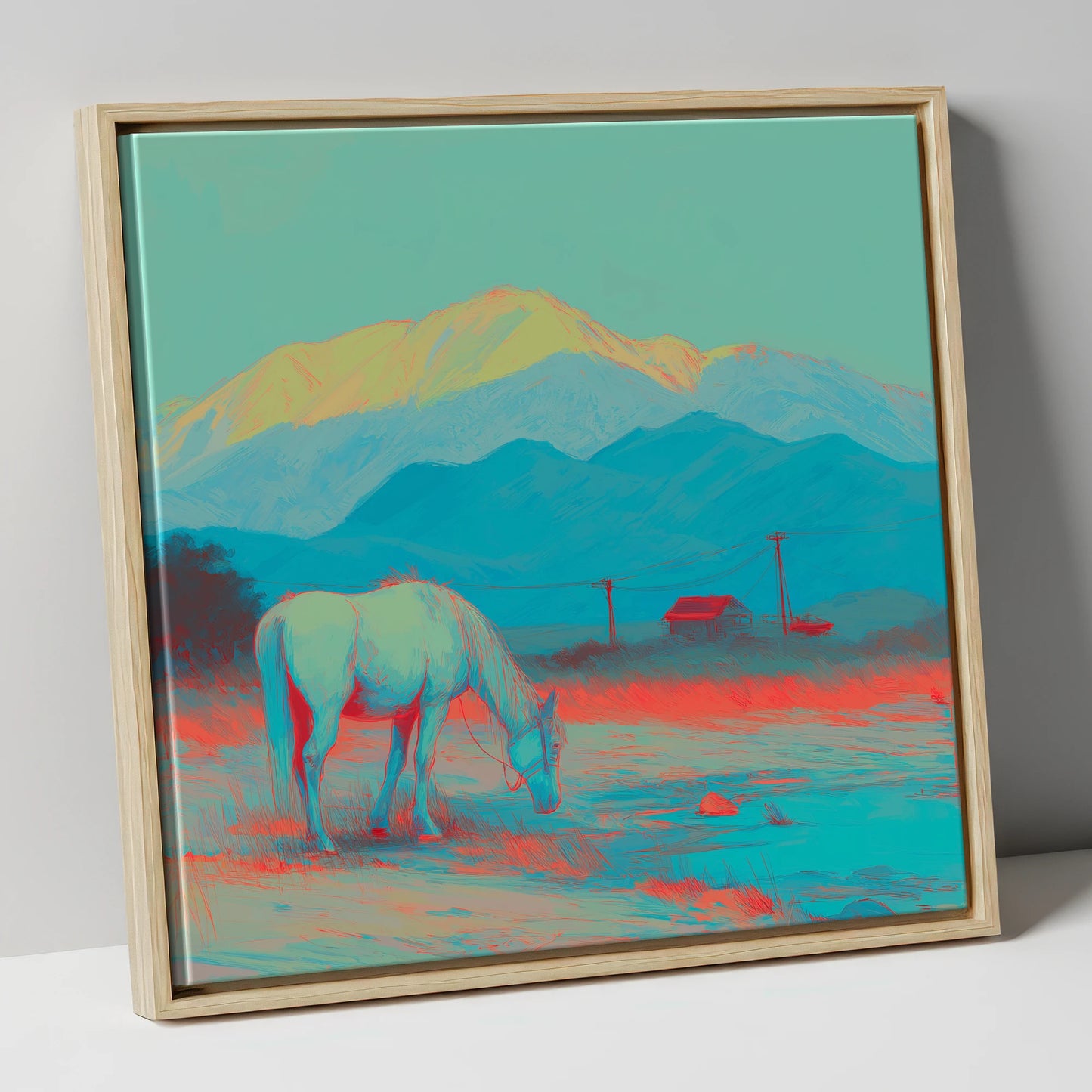 Electric Mountain Grazing horse landscape canvas wall art in natural frame